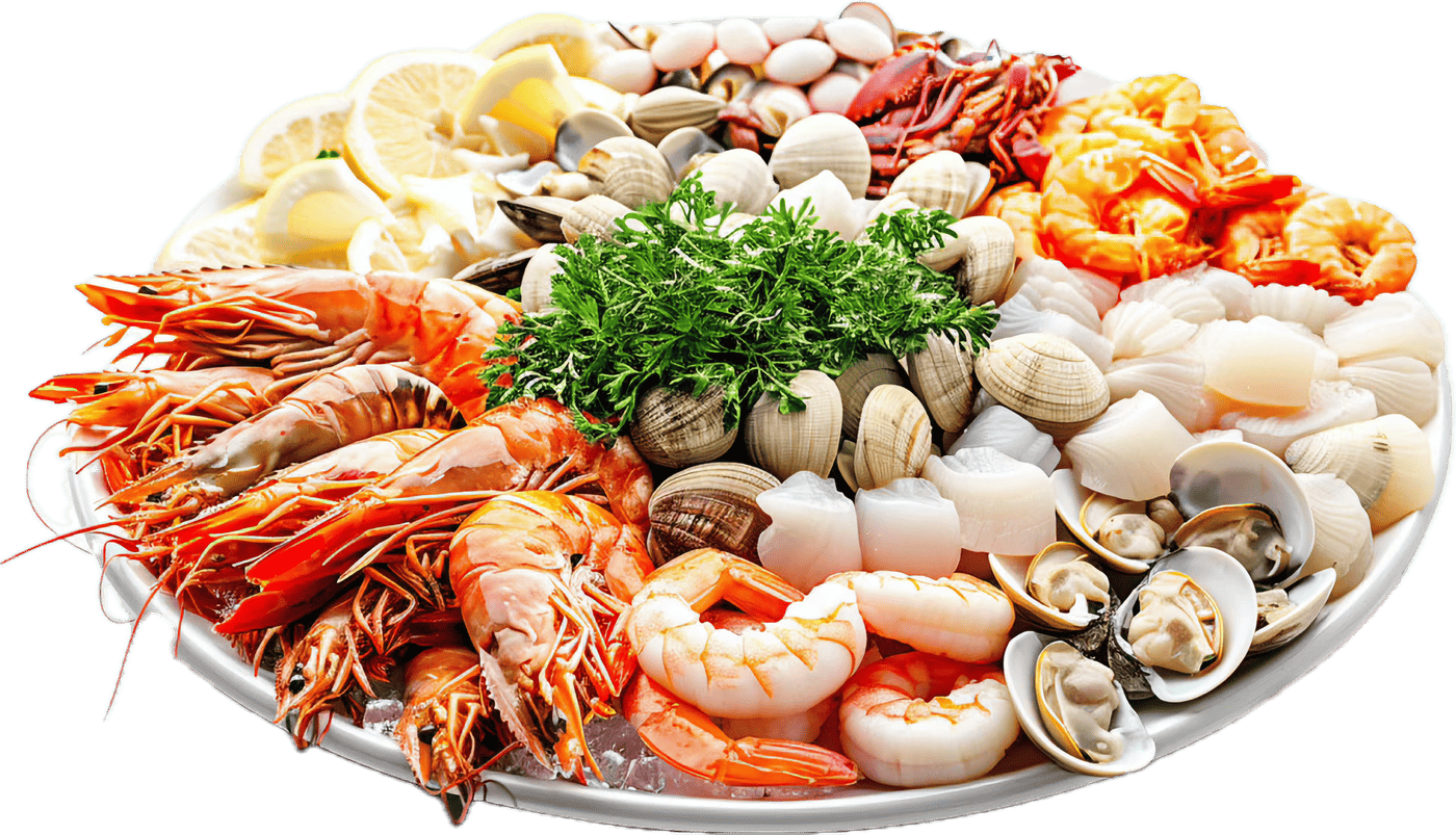 Charola de mariscos frescos: camarón, almeja, callo y cangrejo
