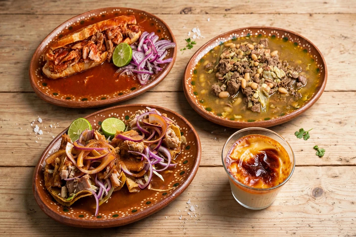 Torta ahogada, carne en su jugo, tacos dorados y jericalla de Las Tapatías sobre una mesa de madera